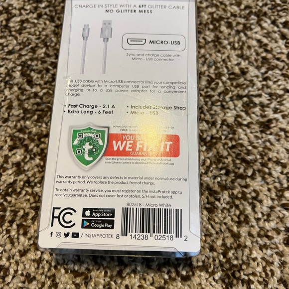 Powertek FastCharge Glitter Cable Micro-USA 6ft. 3 Available Black, White, green - Picture 6 of 6